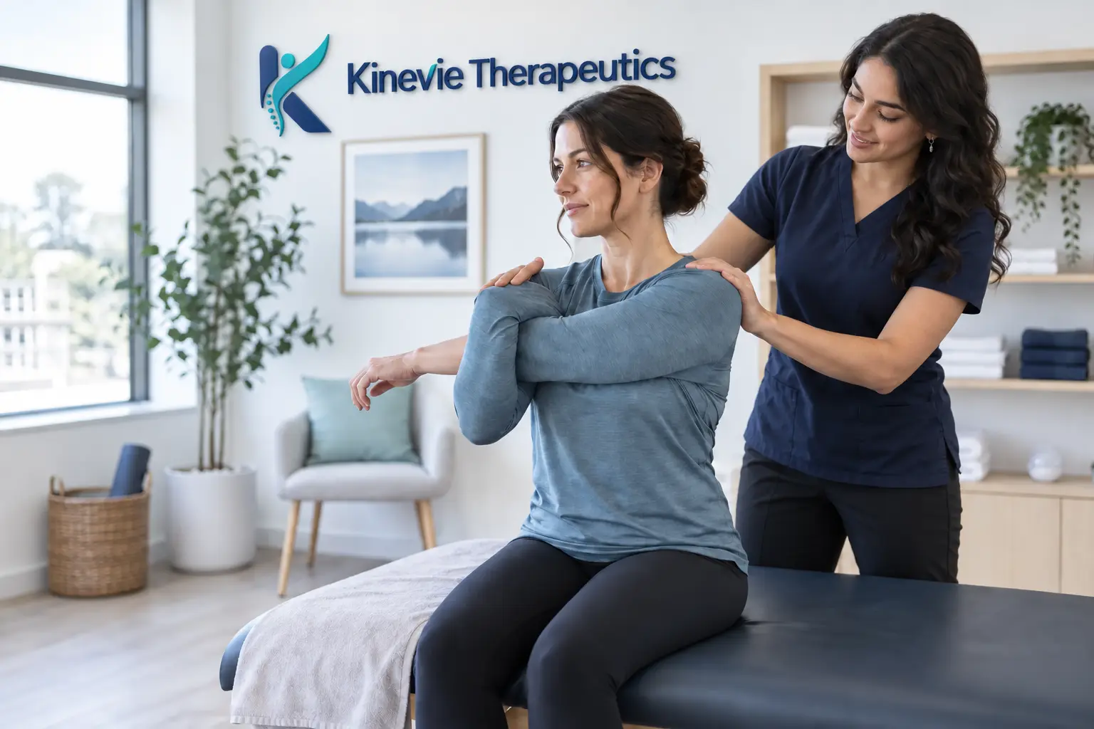 A therapist providing professional shoulder mobility care in a bright clinic
